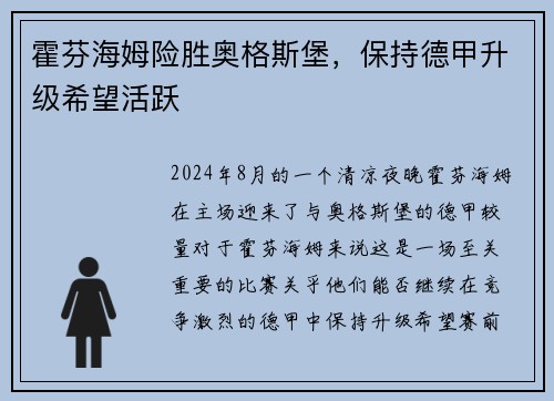 霍芬海姆险胜奥格斯堡，保持德甲升级希望活跃