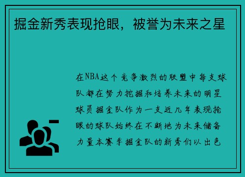 掘金新秀表现抢眼，被誉为未来之星